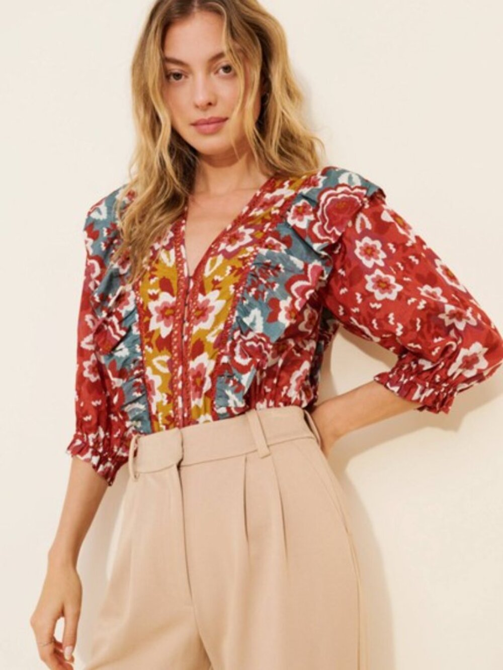 FARM Rio Floral Puff Sleeve Bodysuit - Cotton/Viscose - Small
